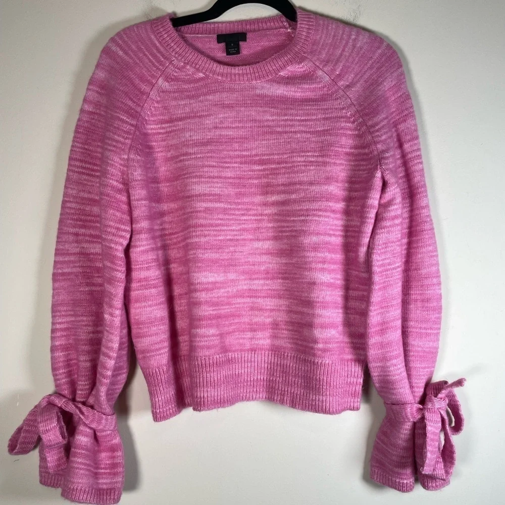 J. Crew Collection Women's Sz S Marled Pink Tie-Sleeve Wool Alpaca Crew sweater